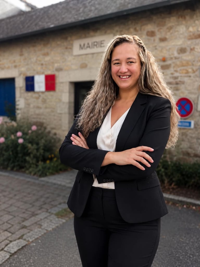 Woman in black blazer smiling with arms crossed in front of a stone town hall building with French flag