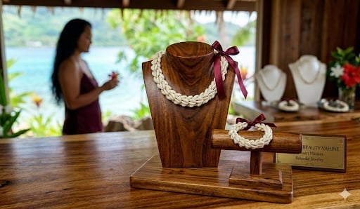 Wooden jewelry display bust with delicate necklace featuring lace and ribbon detail in an upscale boutique, with woman browsing in background