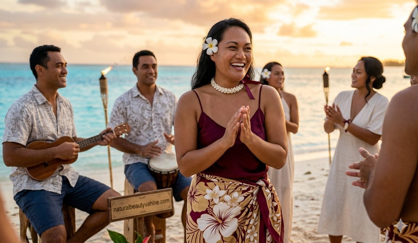 Group of people enjoying a beach celebration at sunset, with a woman in burgundy and floral wrap laughing in the center