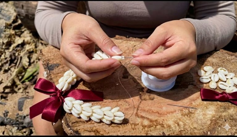 Hands holding and cracking open peanuts over a wooden surface with shelled nuts and red ribbons